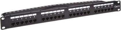 24-Port Cat6 Unshielded UL Listed Patch Panel, 1U, 110/Dual IDC, with Wire Support Bar, Metal Front, PoE+ (TAA)