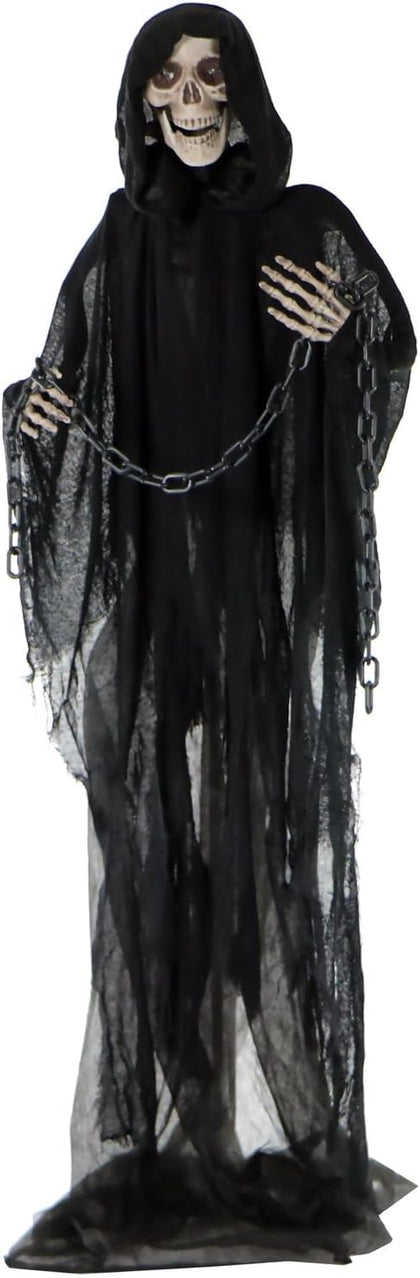 Life-Size Scary Grim Reaper with Chain, Halloween Animatronic with Touch Activated Lights and Sounds, Battery