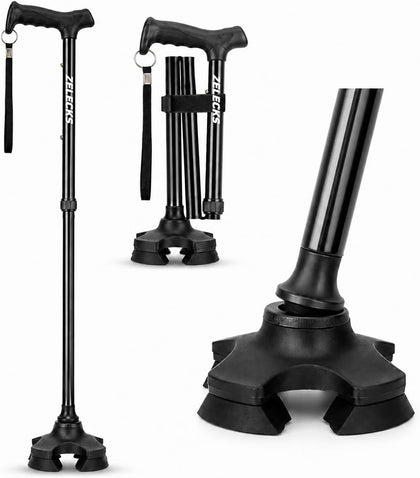 Walking Cane for Women & Men - Self Standing Adjustable Folding Cane with T Handle and 360 Pivot Base - Lightweight