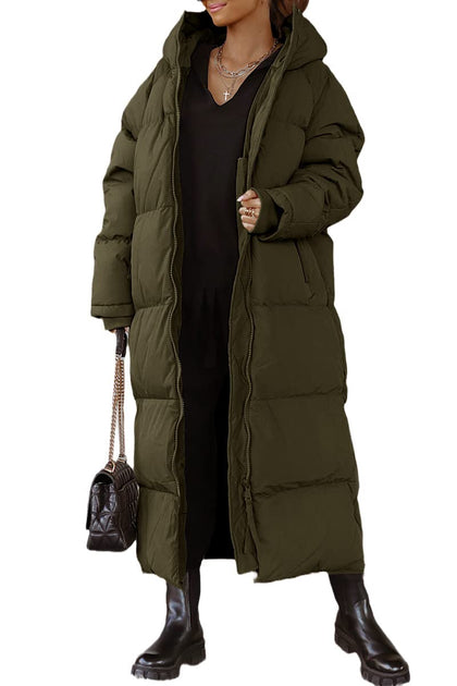 Women Long Quilted Coat Hooded Maxi Length Long Sleeve Puffer Jacket Padded Coat Winter Outerwear Army Green