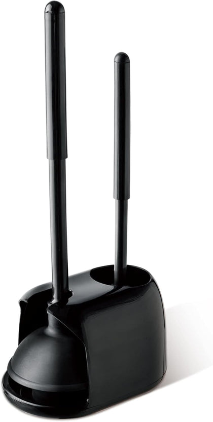 Toilet Plunger and Brush Set, 2-in-1 Compact Holder, Black | Unclogs Toilets, Deep Cleans Bowls, Nylon Bristles