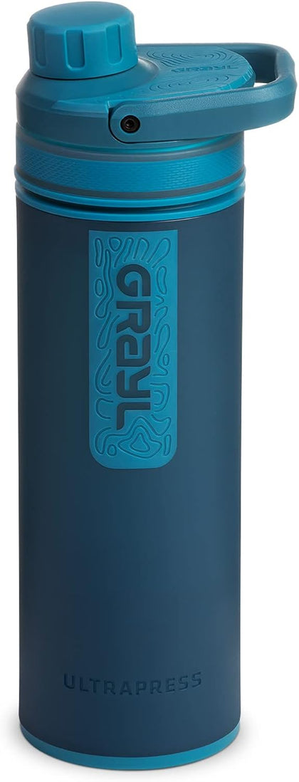 UltraPress Water Purifier & Filter Bottle for Hiking, Backpacking, and Travel (Forest Blue)