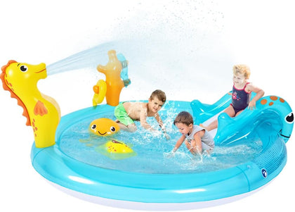 Sea Animal Inflatable Kids Pool with Slide and Sprinkler, Inflatable Play Center with Rings & Animal Figures