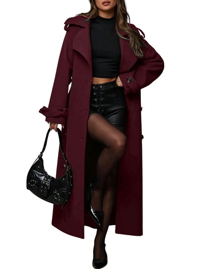 Women's Winter Double Breasted Midi Long Wool Coat Business Casual Notch Lapel Winter Trench Coat with Belt (Large