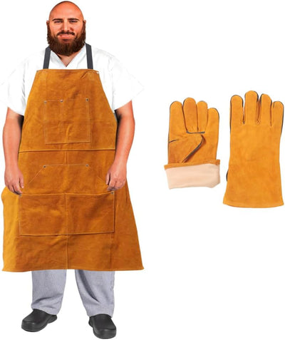 Big and Tall Plus Size Work Apron: Flame Resistant Leather Welding Apron, Wood and Workshop Canvas. Butcher Rubber.