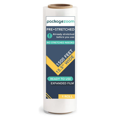 1 Roll Pre-Stretched Stretch Wrap Film, Already Stretched Before Use, 15.5 in x 1,500 ft, Clear Plastic Wrap for