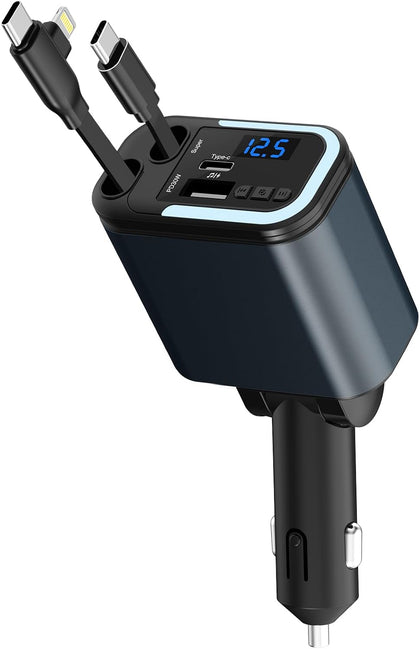 5-in-1 120W 30-Minutes Fast Flash Charging Retractable Car Charger, Wireless Bluetooth FM Transmitter, Type-C+USB-A