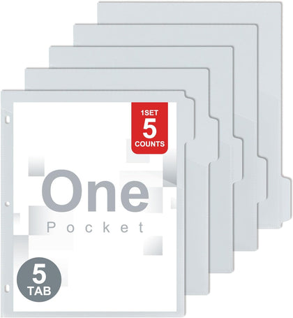 5 Tab Dividers for 3 Ring Binder with One Clear Front Pocket Grey | 9.3 x11.2 inch, Plastic Binder Dividers