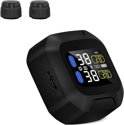 Motorcycle TPMS with 2 External Sensors, USB Rechargeable,LCD Display | Wireless TPMS for Two-Wheeled Motorcycles
