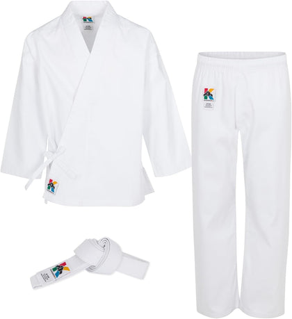 White Karate Gi Uniform Set with Belt, Ages 3–12 | Complete set: top, pants, white belt. 55% cotton/45% poly. Machine