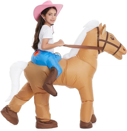 Inflatable Child Horse Rider Costume Boys Girls | 360 Degree Detailed 3D Design, Durable Fabric, Powerful Fan, More