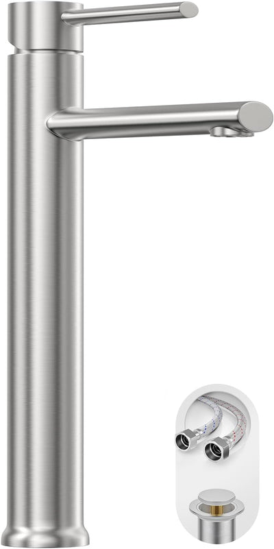 Brushed Nickel Vessel Sink Faucet, Tall Bathroom Faucets 1 Hole Single Handle Above Counter Sink Bathroom Faucet