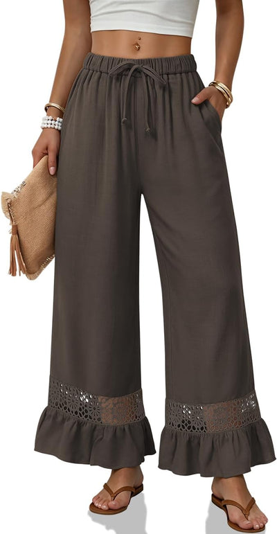 Linen Pants Women Wide Leg Lace Ruffle Hem Palazzo Pants with Pockets