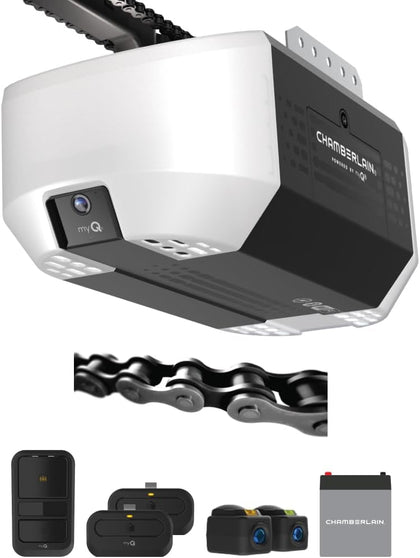 Chain Drive myQ Garage Door Opener, 3/4HP w/Fixed Camera | Heavy duty chain drive, Smart Garage myQ integration