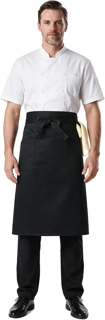 Bistro Long Waist Apron with Pockets, Professional Unisex Chef Apron, Durable Wrinkle Resistant, Black, X-Large