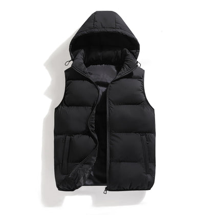 Men's Winter Puffer Vest Sleeveless Warm Zipper Lightweight Jacket Vest with Removable Hood(Black,L)