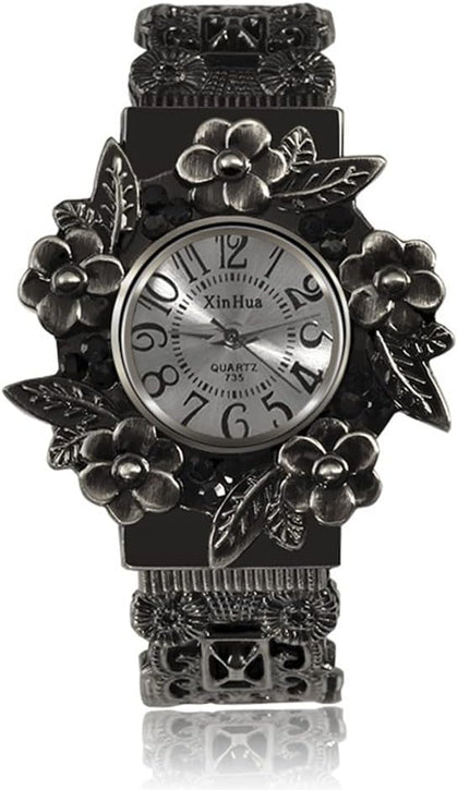 Women Vintage Cuff Bangle Bracelet Watch Carved Flowers Analog Quartz Wrist Watch