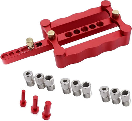Self Centering Doweling Jig Woodworking Joinery Hole Drill Guide with 1/4 5/16 3/8 Inch Positioner Locator Tool Red