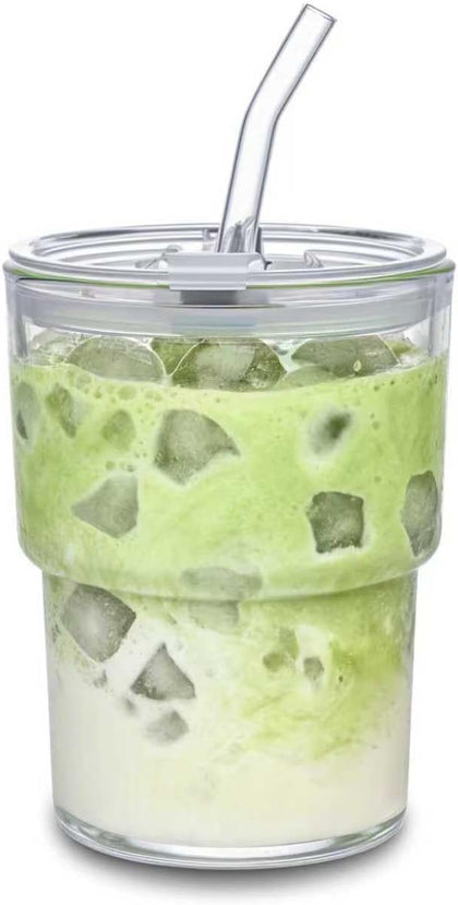 13oz Glass Tumbler with Straw and Lid Sealed, Carry On Reusable Iced Coffee Cups,Thick Wall Glass Coffee Drinking