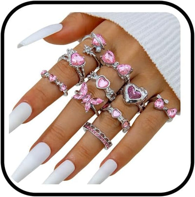 Gold Rings Sets for Women Pink Rhinestone Crystal Ring Heart Butterfly Bowknot Knuckle Joint Rings Set Vintage Boho