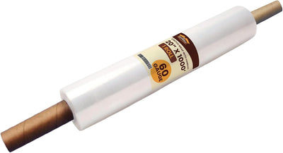 20" x 1000' -1 Roll Cast Stretch Wrap with Handles – 60 Gauge Clear Film – Extended Core Hand Wrap for Smooth, Quiet