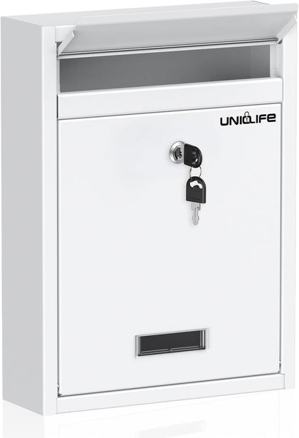 Wall Mount Mailbox for Outside, Locking Mail Box, White | Large Mailbox with Key Lock, Security Mail Box for House