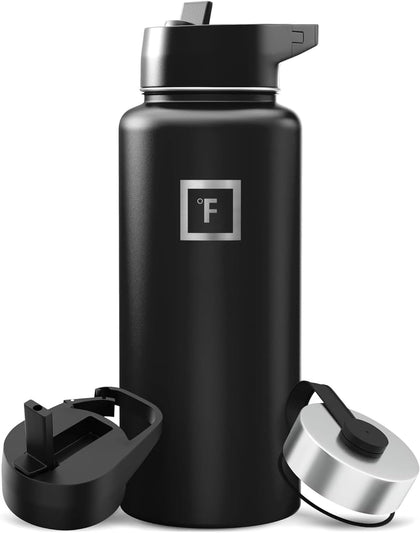 32 oz Wide Mouth Water Bottle with 3 Lids | Insulated Stainless Steel Sports Water Bottle with 3 Leakproof Lids - BPA