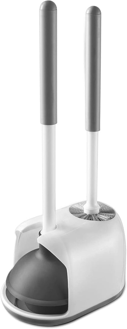 Toilet Plunger and Brush Set, 2-in-1 Compact Holder, White | Unclogs Toilets, Deep Cleans Bowls, Nylon Bristles