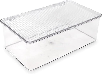 Medium Stackable Organizer Bin (10.75”x6.5”x3.7”) w/ Hinged Lid, Clear Storage Box, Home, Office, School, Fridge
