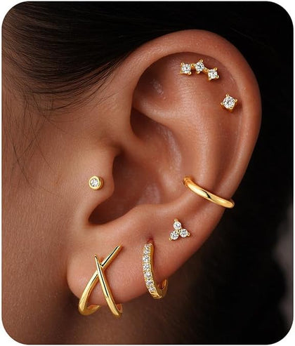 7 Pairs Gold Earrings for Women - Hypoallergenic 14K Gold Plated Stud & Hoop Cartilage Earring Sets Lightweight Helix