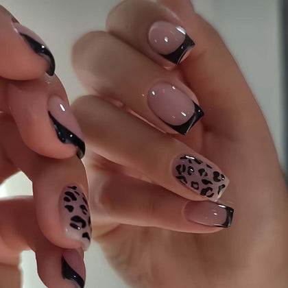 Leopard Press on Nails Short Square, Black French Tip Fake Nails Glue on Nails Fake Nails Press ons Cute Glossy