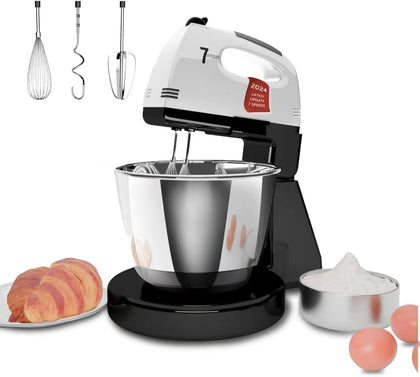 Stand Mixers, 7 Speeds With 3QT Stainless Steel Bowl, Stand and Hand Mixer with Dough Hook, Whisk, Mixing Beater for