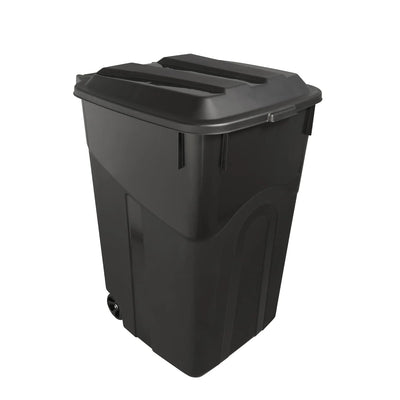 45 Gallon Heavy Duty Wheeled Trash Can with Attached Lid, Large Rolling Garbage Bin, Outdoor/Indoor Use, Black