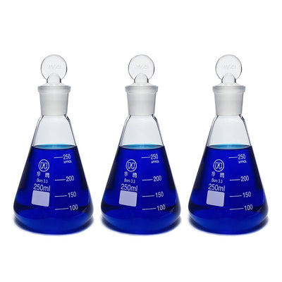 250ml Glass Erlenmeyer Flask Set, 3pcs Laboratory Glassware Flask with Glass Stopper for Chemistry Classroom Home