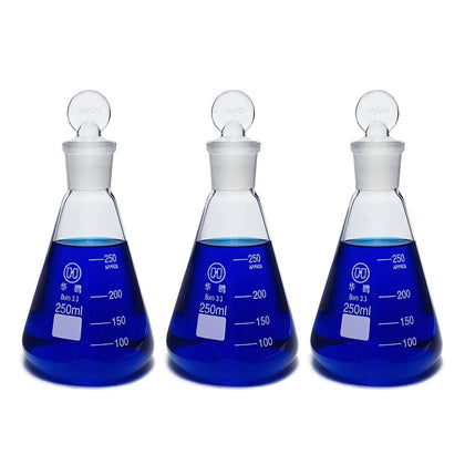 250ml Glass Erlenmeyer Flask Set, 3pcs Laboratory Glassware Flask with Glass Stopper for Chemistry Classroom Home