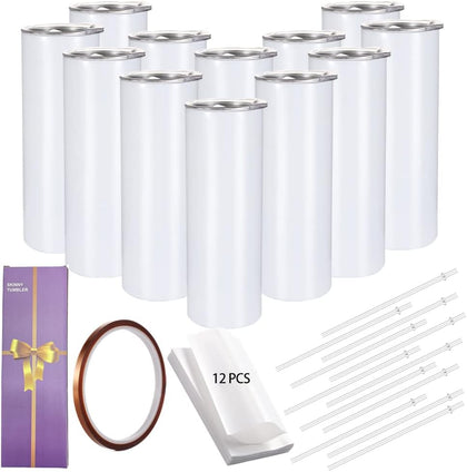 12 Pack Straight Skinny Sublimation Tumblers 20oz for Heat Transfer, Bulk Sublimation Blanks Individually Boxed