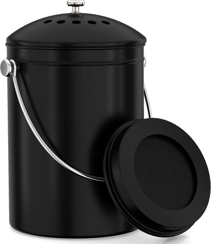 Countertop Compost Bin 1.3 Gallon, Stainless Steel, Black | Odorless countertop compost bin with charcoal filter