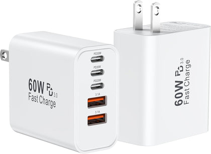 USB C Fast Charger Block, 60W USBC Wall Charger Plug, 2Pack 5-Port Type C Phone Charging Cubes Power Adapter