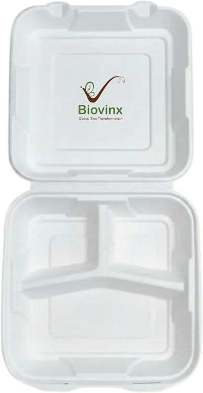 9"x9" 3-Compartment Sugarcane Bagasse Clamshell Containers – 50 Pack Heavy Duty Compostable Food Containers, Eco