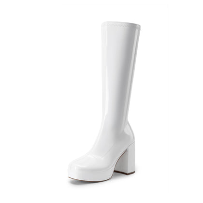 Women's Gogo Knee High Chunky Heel Boots,Size 11,White-Pat