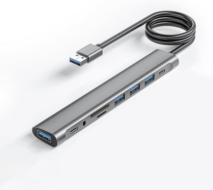USB Hub Long Cable, 9 Ports USB 3.0 Adapter with 4 USB 3.0 Data Ports,SD/TF Card Slot,3.5mm Jack,USB-C Data,USB