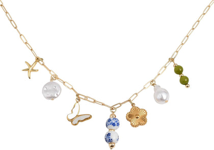Pearl Flower Charm Necklace Floral Beach Shell Fish Summer Chinoiserie Porcelain Cherry Fruit Butterfly Whimsical