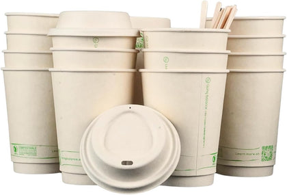 Living Balance Certified Compostable Coffee Cups with Bagasse Lids 12 oz – 75 Pack Cups with Stirrers & Integrated