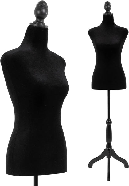 Female Mannequin Torso | Black | Lightweight | with 13.8" Height Adjustment, Dress Form Body with Wooden Tripod Base