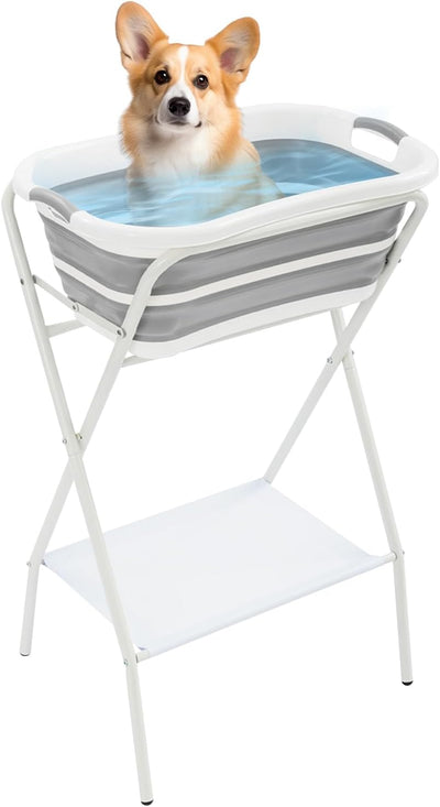 2 in 1 Pet Bathtub with Stand, Foldable Dog Bathtub Washing Station, Collapsible Elevated Pet Tub for Bathing