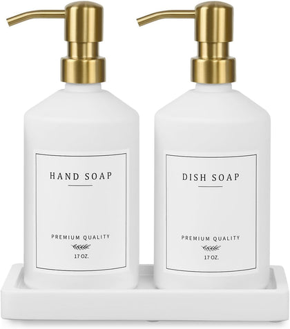 Gold Soap Dispenser Set, Glass Hand and Dish Soap Dispenser Set with Tray,Stainless Pump,14 Stickers for