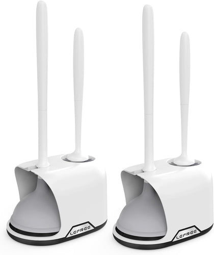 2 in 1 Toilet Brush and Plunger Set with Silicone Bristles, Plastic Material, Includes Holder, White/Black