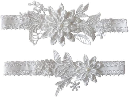 Wedding Garters for Bride Bridal Lace Garter Set Floral Leg Ring with Hand Sewn Faux Pearls