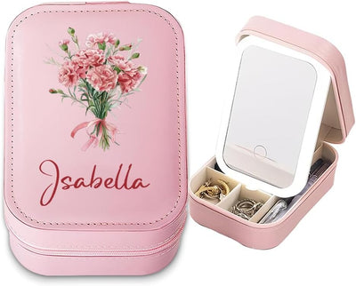 Personalized Birth Flower Travel Makeup Bag With LED Mirror Leather, Custom Name Makeup Organizer Portable Jewelry