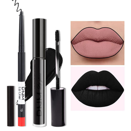 2pcs Black Matte Lip Liner and Lipstick Makeup Set, Black Lip Stain and Lip Liner Long Lasting Waterproof Set Dark
